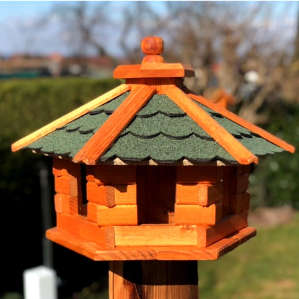 Handgefertigtes Sechseck Vogelhaus aus Holz wetterfest M - XXL mit und ohne Ständer, Futterhaus, Fut