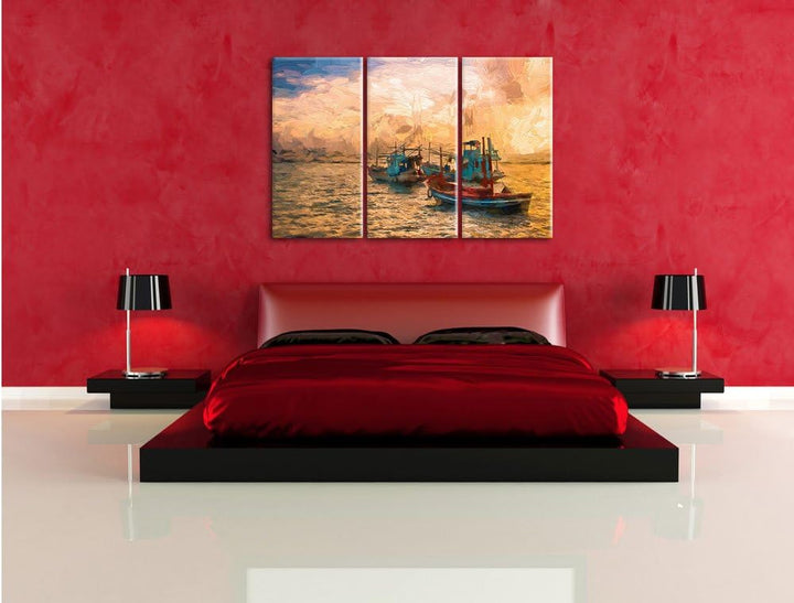 Pixxprint thailändische Fischerboote im Meer als Leinwandbild/Grösse: 3 Teilig (120x80 cm) cm/Wandbi
