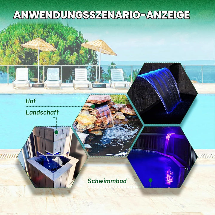 LONGRUN 30cm Teich Wasserfall Set,304 Edelstahl Pool Wasserfall mit RGB LED und Fernbedienung, Breit