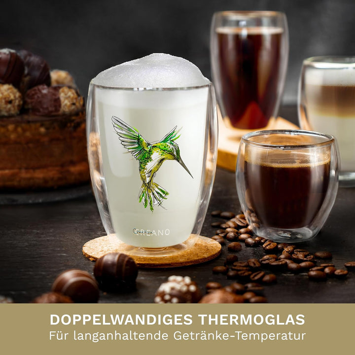 Creano doppelwandige Tee-Gläser, Cappuccino-Glas, Thermoglas Hummi im Kolibri Design, 6er Set, 250 m