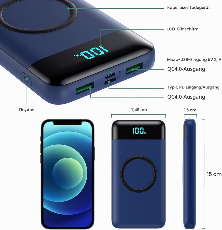 Wireless Powerbank Schnellladen 26800mAh, Power Bank 25W PD3.0+QC4.0, 15W Wireless Charger Powerbank