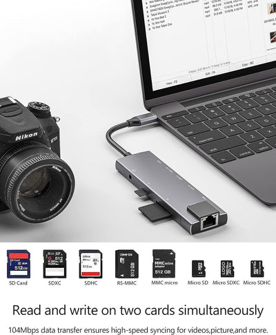 USB C Hub 9 in 1 Multiport Adapter w/Gigabit Ethernet, 100W PD, 4K@60Hz, 2 USB 3.0, USB C 3.0 Data,