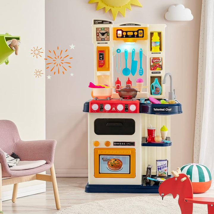 HOMASIS Spielküche mit 38 Zubehör, Kinderküche mit Licht Musik & Sound, Spielzeugküche mit Wasserpum