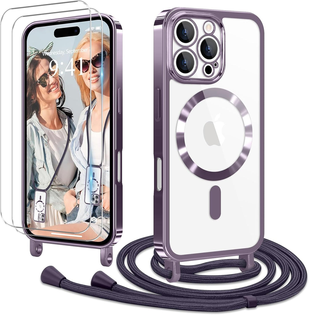 Ethanger Handykette für iPhone 16 Pro Max Hülle mit Band + 2 Stück Glas Schutzfolie Transparent Sili