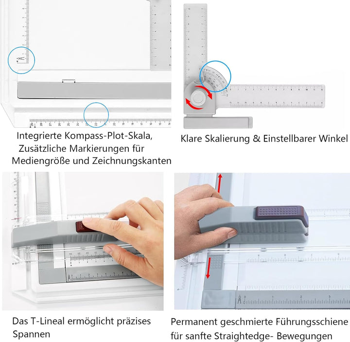 Zeichenbrett DIN A4 Professioneller Zeichenplatte Geo-Board mit Schiebelineal Zeichendreieck Masssta
