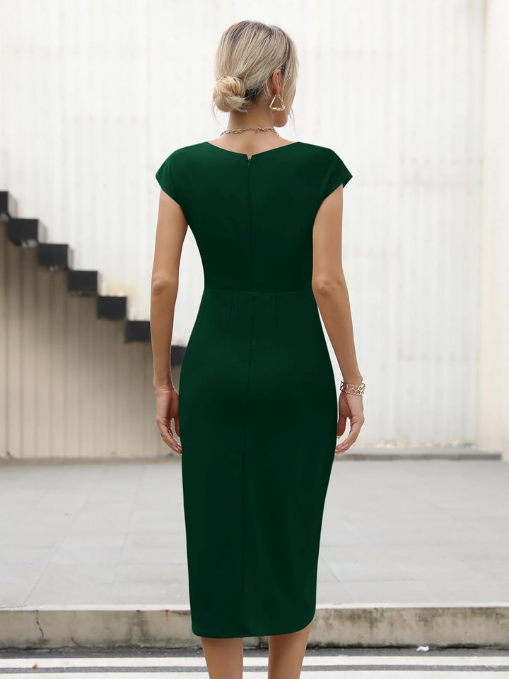 Missufe Damen Cocktailkleid Wickelkleid Partykleid Midikleid Elegant Bodycon Figurbetontes Sommerkle