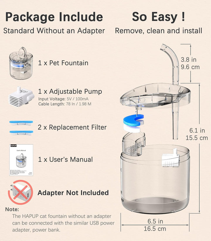 HAPUP Katzenbrunnen Trinkbrunnen Für Katzen Wasserspender 1,8L Transparentes Rundes Wasserfontäne mi