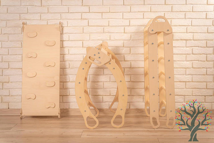 WoodsCraft 4in1 Set: Grosse Kletterbogen & Kletterdreieck mit 2in1: Rutsche Indoor/Klettern Rampe |