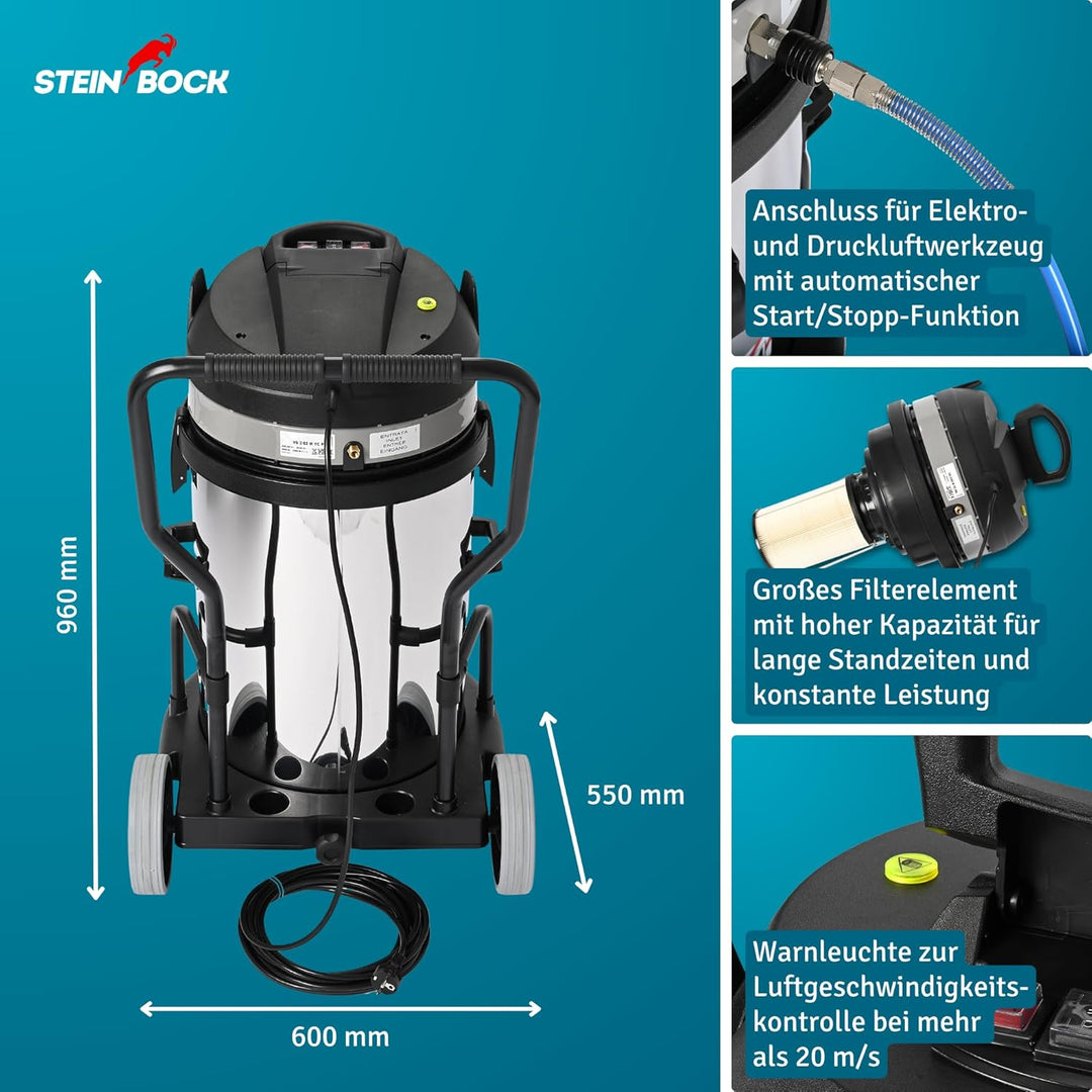 Steinbock Industriesauger trocken| 2.400 Watt | 62 l Fassungsvermögen | für zertifizierte Absaugung