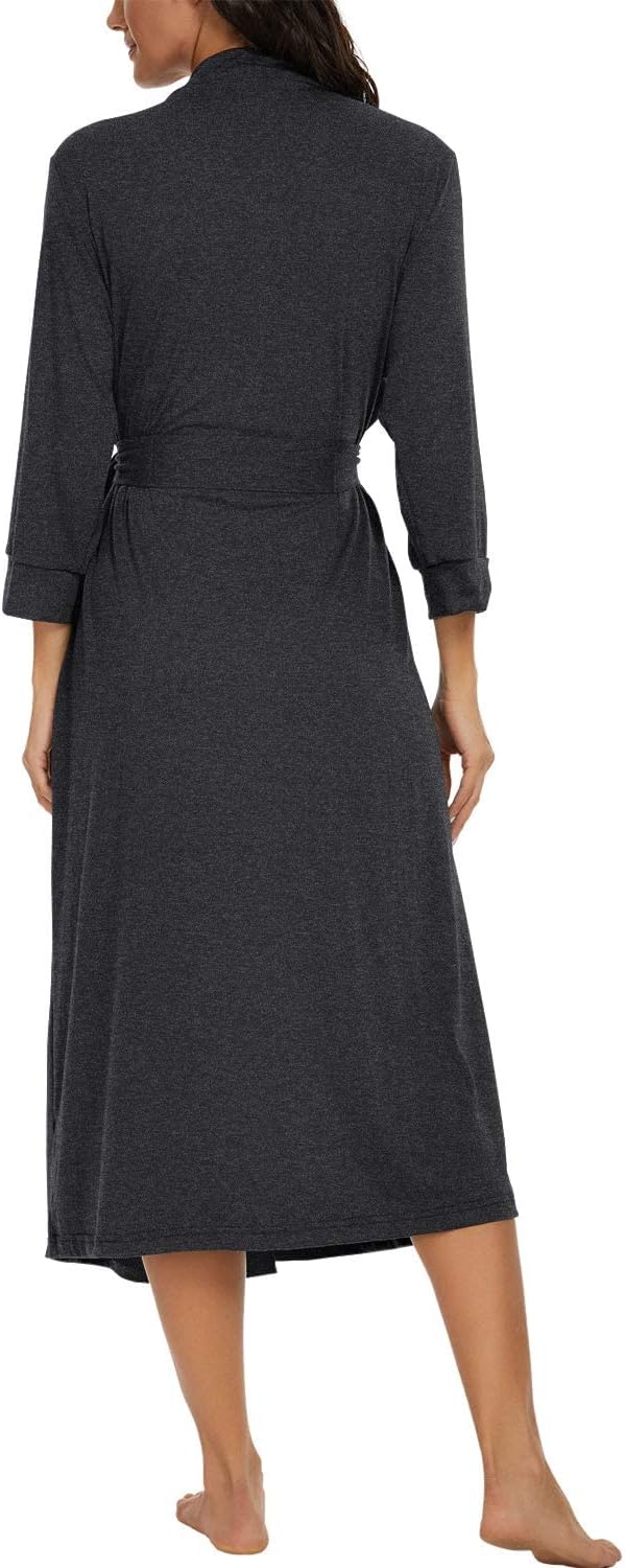 PrinStory Damen Bademantel Leichter 3/4 Ärmeln Morgenmantel V-Ausschnitt Kimono Roben Langes Nachtwä