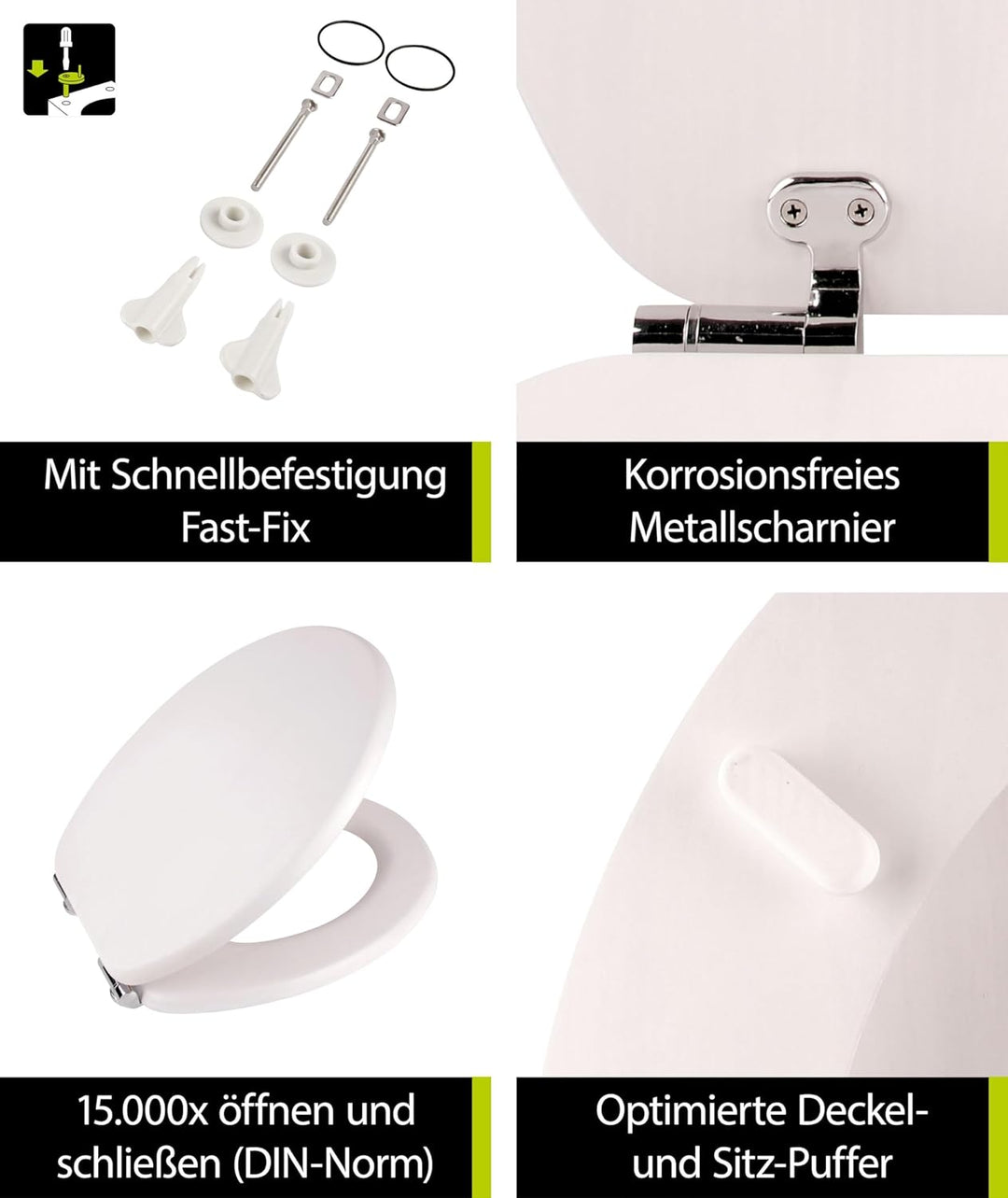 'aquaSu® Holz WC-Sitz mit Absenkautomatik Venezia Weiss gekalkt, Schnellbefestigung, Metallscharnier