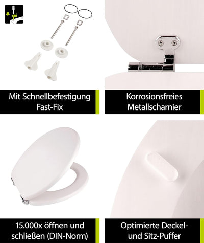 'aquaSu® Holz WC-Sitz mit Absenkautomatik Venezia Weiss gekalkt, Schnellbefestigung, Metallscharnier