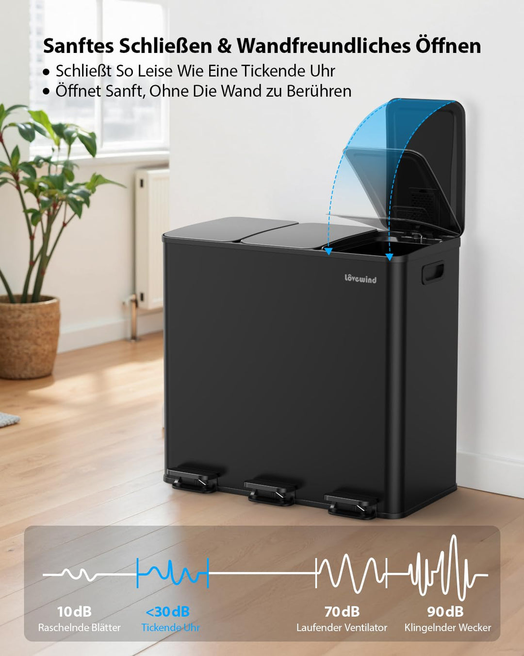 lovewind Mülleimer, 3 x 20L Recyclingeimer, 3-Fach-Mülleimer für Recycling und Abfall, inklusive Mül
