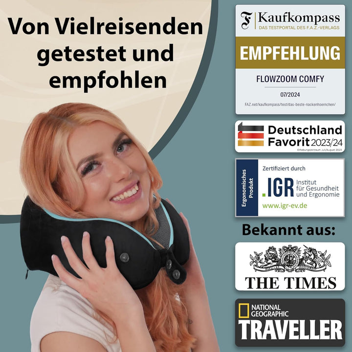 FLOWZOOM Comfy Nackenkissen Flugzeug & Auto mit Kapuze - Einstellbares Memory Foam Reisekissen mit D