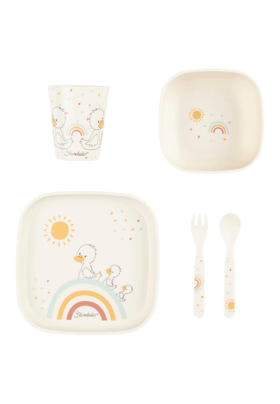 Sterntaler Geschirrset Ente Edda Lou ecru, 5er Set für Jungen und Mädchen bestehend aus Trinkbecher,