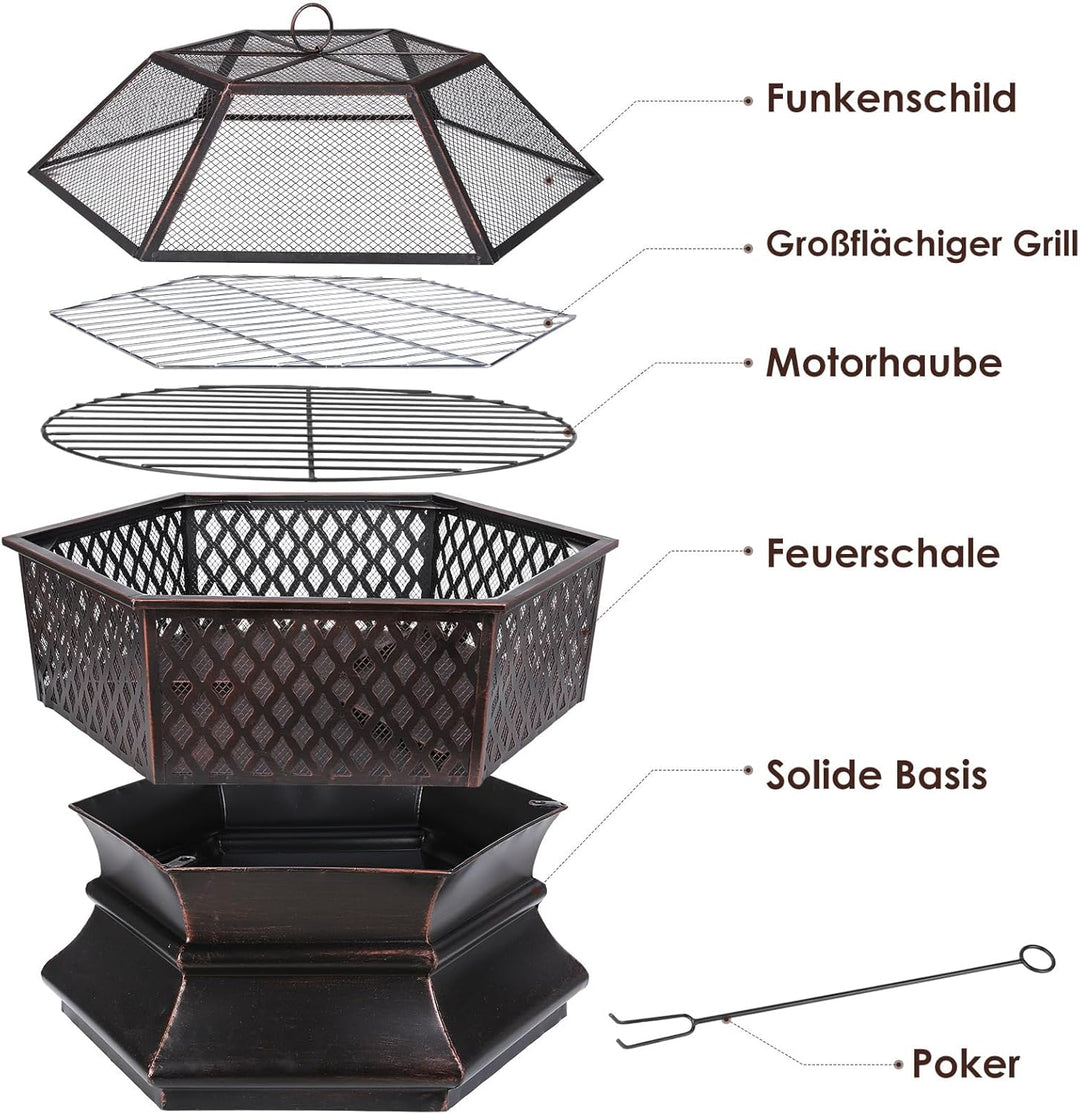 Feuerschale mit Grillrost, Feuerkorb mit Funkenschutz, Feuerschalen für den Garten, Sechseckige Feue