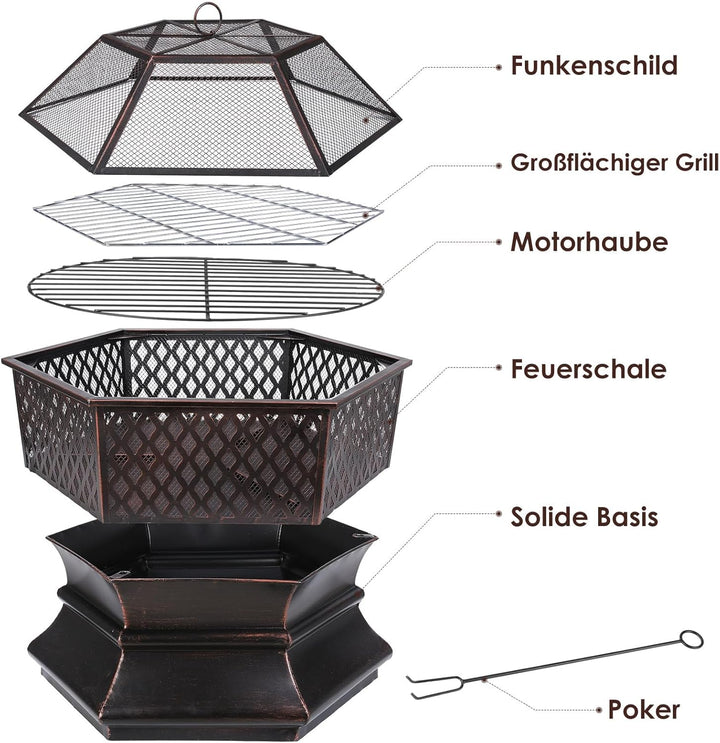 Feuerschale mit Grillrost, Feuerkorb mit Funkenschutz, Feuerschalen für den Garten, Sechseckige Feue