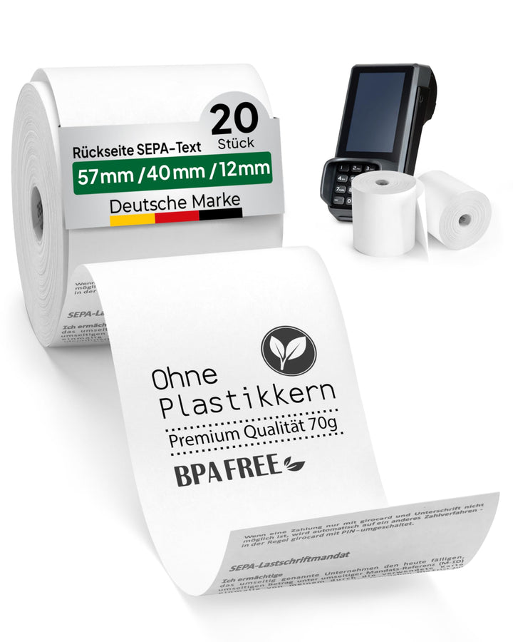 coreless - 20x EC-Thermorollen à 57mm x 40mm x 12mm - EC-Rolle mit Sepa Aufdruck - kernlose Kassenro