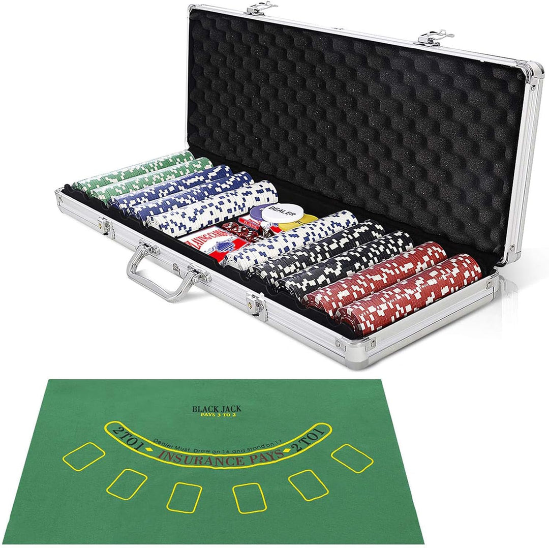 DREAMADE Ultimate Pokerset mit 500 Chips/ 2 Poker Set/ 5 Würfel/Koffer/Spieltuch/ 5 Dealer Buttons,