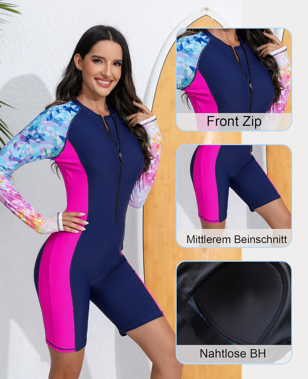 Halcurt Damen Langarm Badeanzug mit BH Rash Guard UPF 50+ Reissverschluss Schwimmshirt Surf UV Shirt