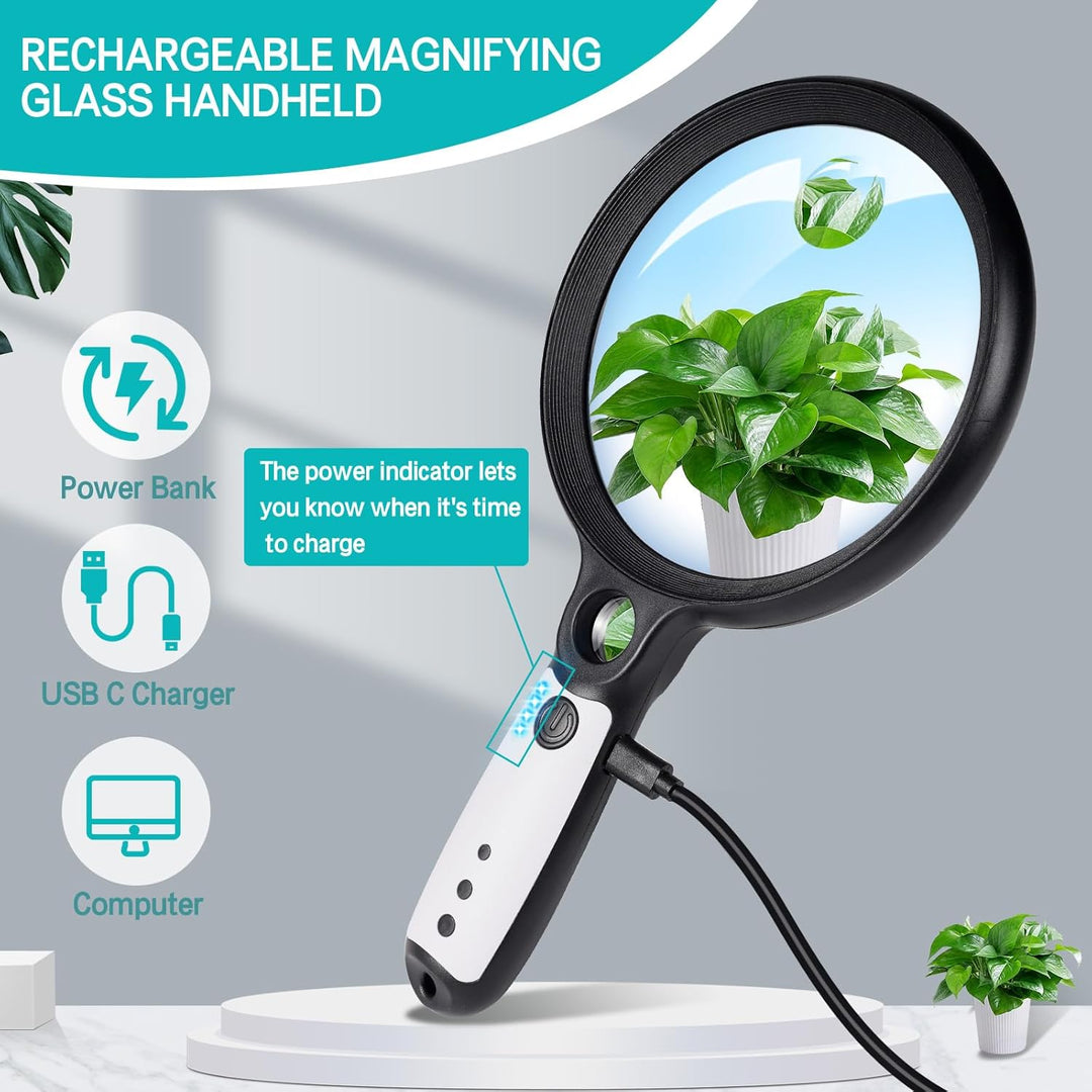 Lupe mit Licht USB Aufladbar, 10X 20X 45X Vergrösserungsglas, 37 LED Beleuchtete Handlupe mit 3 Lich