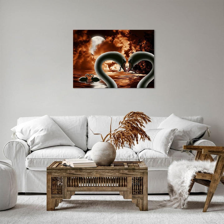 Bilder auf Leinwand Schwäne Nacht Liebe Leinwandbild mit Rahmen 70x50cm Wandbilder Dekoration Wohnzi