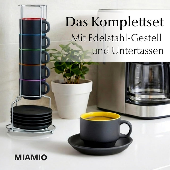 MIAMIO - 6 x 75 ml Espressotassen Set/Espresso Tassen Set mit Untertasse & Ständer - Kaffeetassen Se