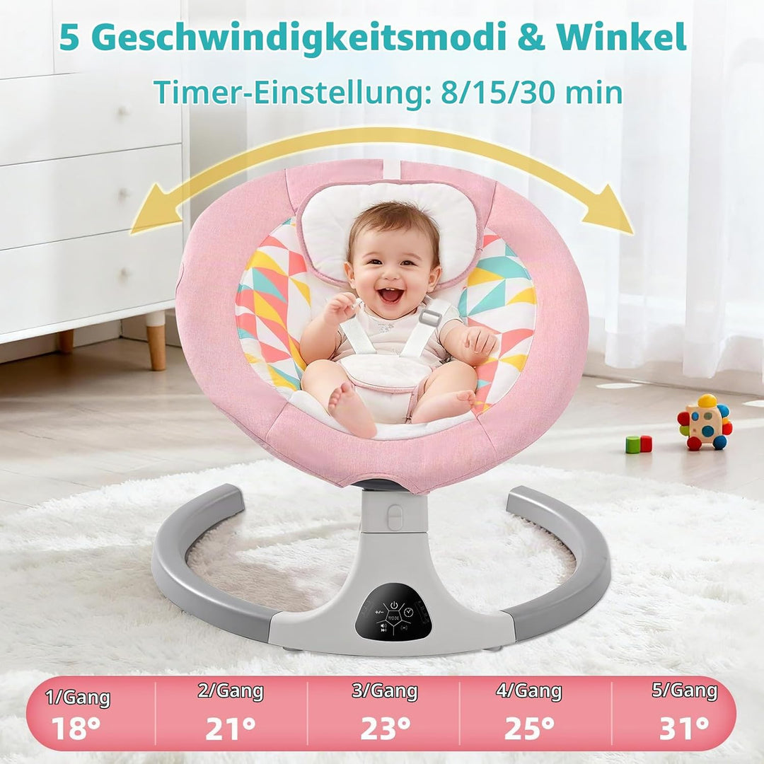 Babywippe Elektrisch,Babyschaukel Indoor Bluetooth, 5 Schwinggeschwindigkeit, 3 Winkellage, Fernsteu