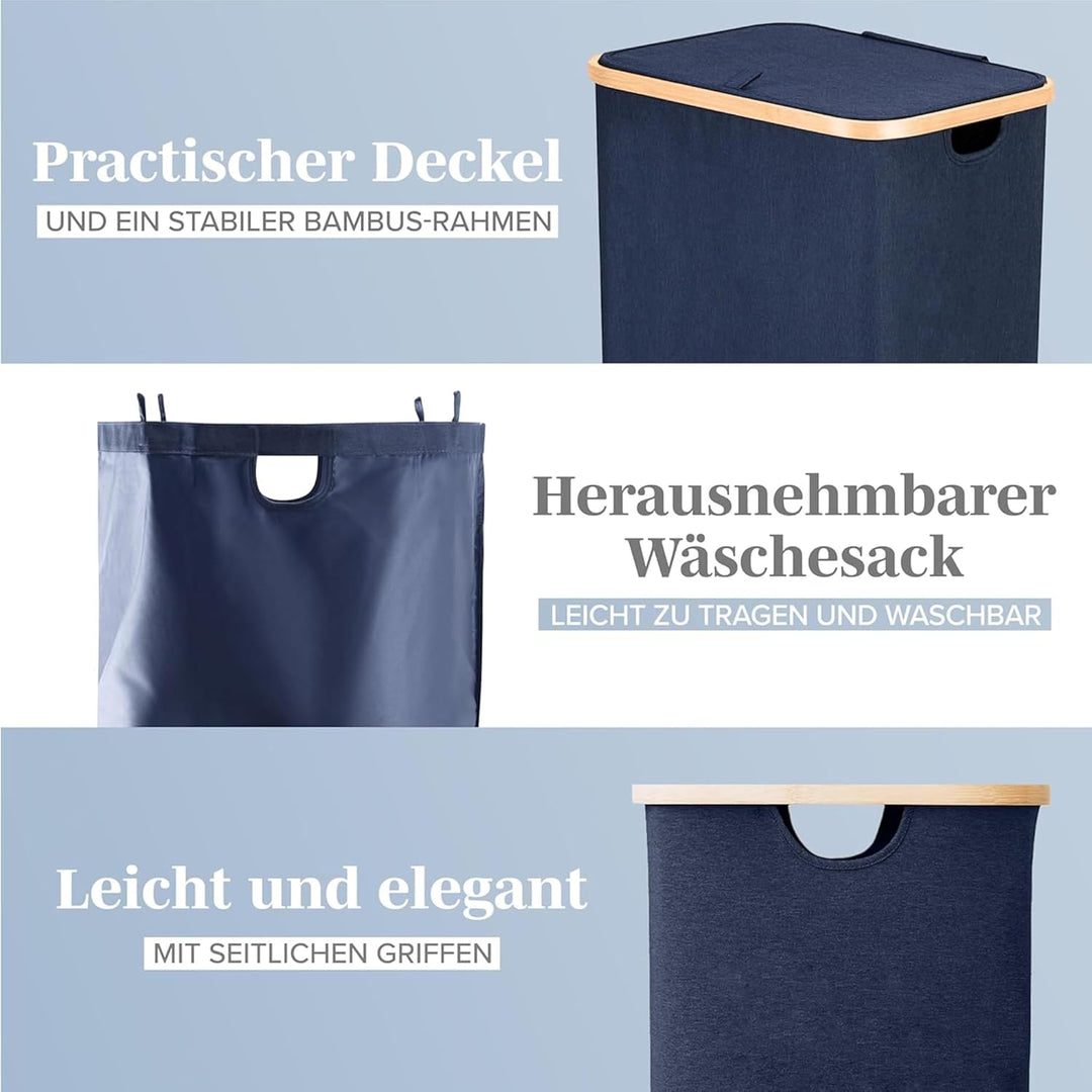 Lonbet - Wäschekorb mit Deckel Gross - XL 100 Liter - Wäschekorb Holz Bambus - Wäschesammler Blau mi