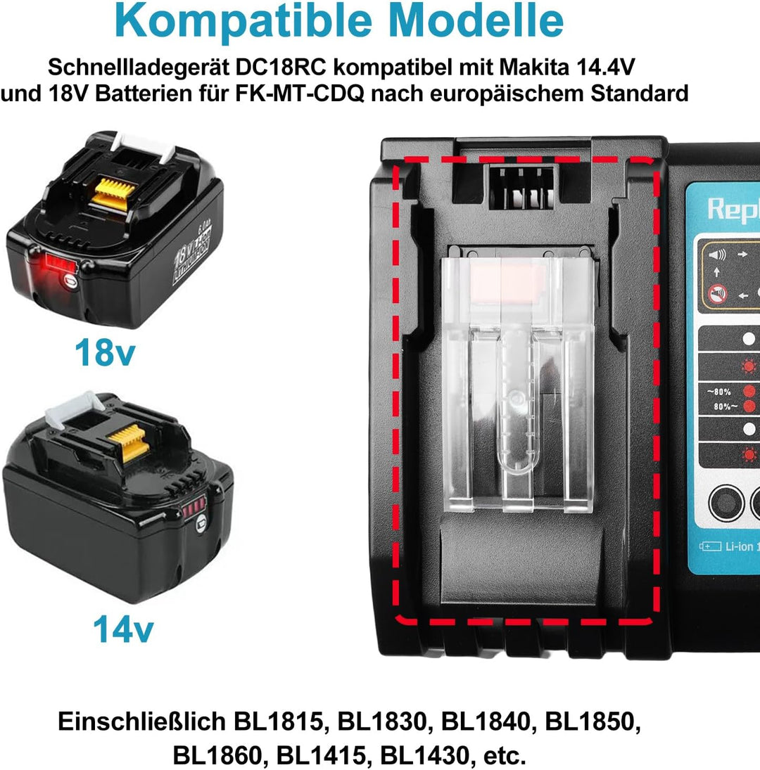 Akku 18v Ladegerät DC18RC Schnellladegerät Kompatibel mit Makita 14,4 Volt und 18 Volt Li-Ion Ersatz