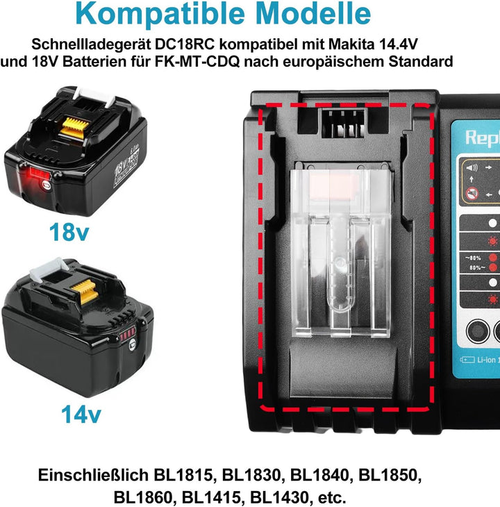 Akku 18v Ladegerät DC18RC Schnellladegerät Kompatibel mit Makita 14,4 Volt und 18 Volt Li-Ion Ersatz