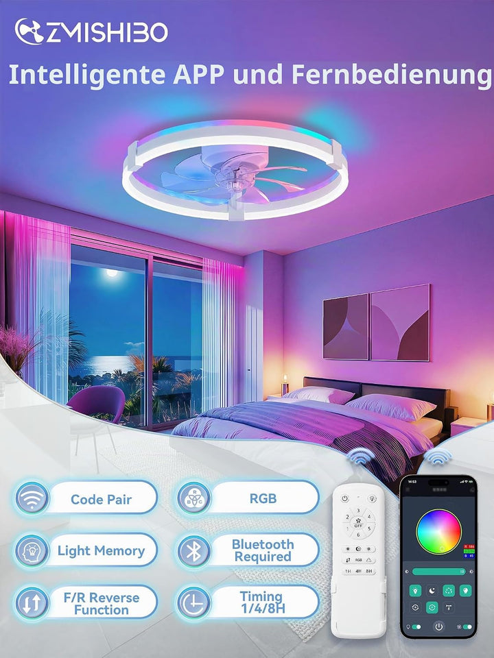 ZMISHIBO 51 cm RGB-Deckenventilator mit Licht,Fernbedienung &amp; APP-Steuerung,6 Geschwindigkeiten, Vor