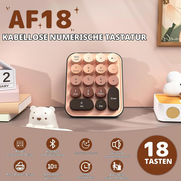 FELiCON Kabelloser Numeric Keypad, Tragbarer 18-Tasten-Mini-Ziffernblock mit Retro-Rundtasten und 2,
