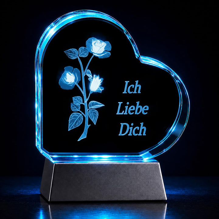 Kaltner Präsente Geschenkidee – Herz aus Glas: Kristallglas mit 3D-Laser-Gravur Rose - Ich Liebe Dic