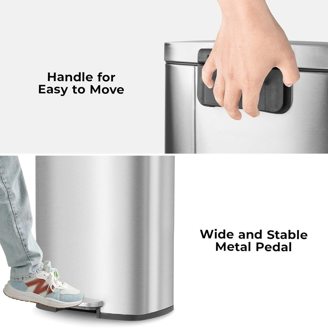 LIFERUN Mülleimer 50l aus Edelstahl, Abfalleimer mit Deckel, Soft-Close Tretmülleimer, Grosser Trete