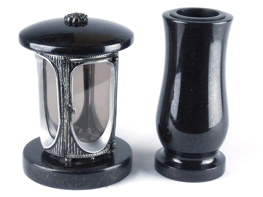 designgrab Alu Grablampe aus Aluminium in Antikoptik und Grabvase in Granit Schwedisch Black