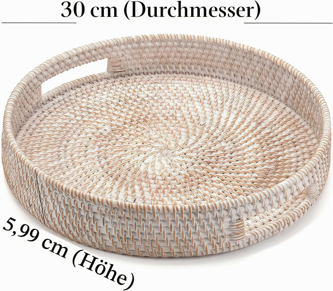Rundes Rattan Serviertablett, Handgewebtes Serviertablett mit Griffen, Wicker Servierkorb, Dekorativ
