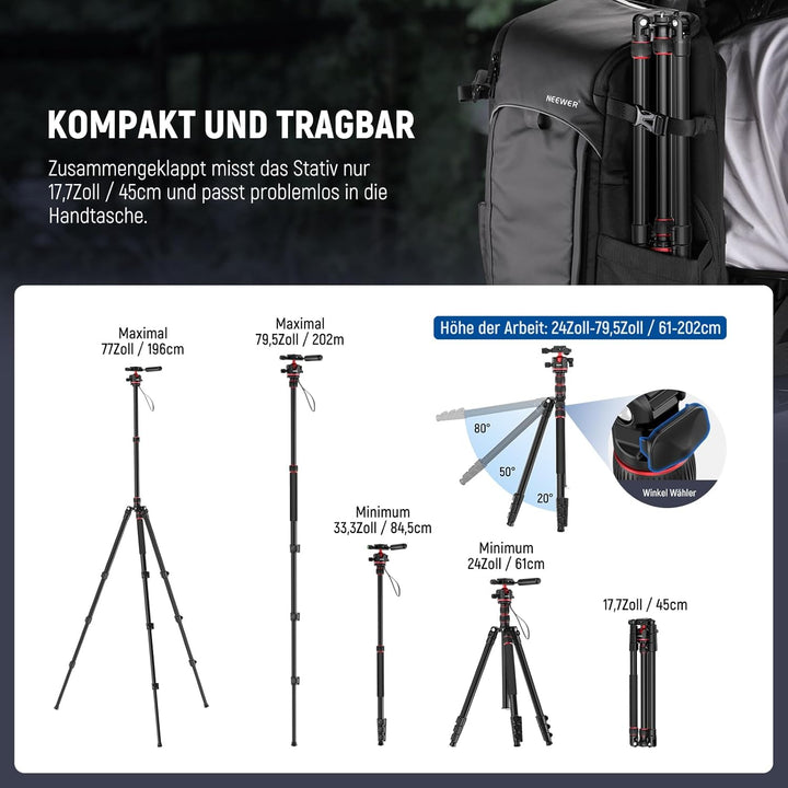 NEEWER BASICS Kamerastativ Einbeinstativ 77" kompaktes leichtes DSLR Reise Videostativ 360°Kugelkopf