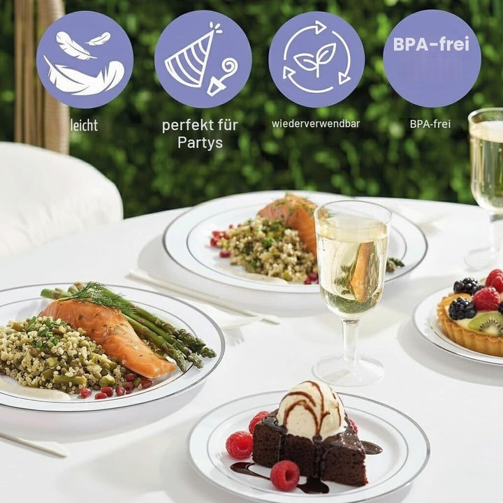 MATANA 120 Weisse Plastikteller mit Silbernem Rand, 2 Grössen (60 x 26cm, 60 x 19cm) - Hochzeiten, T