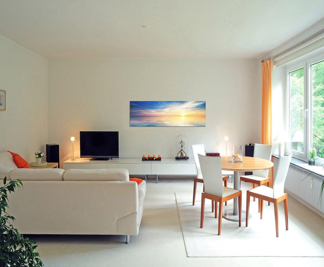 Paul Sinus Art Panoramabild auf Leinwand und Keilrahmen 150x50cm Meer Horizont Himmel Wolken Sonne