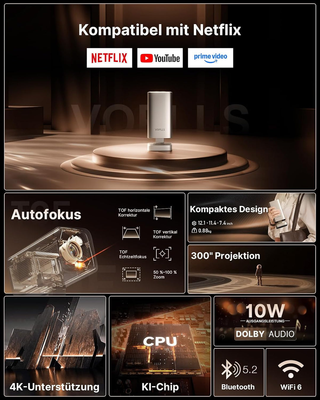 Smart Mini Beamer 4k Heimkino[Integrierte Netflix-App &amp; 30000 Lumen] VOPLLS Verbesserte Version TOF