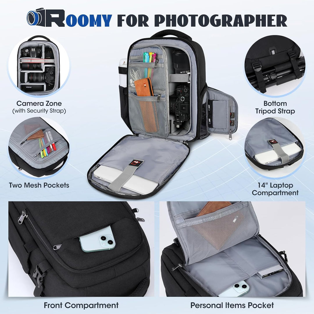 RAINSMORE Fotorucksack Kamerarucksack Gross mit 15,6 Zoll Laptopfach Leicht Kamera Rucksack DSLR SLR