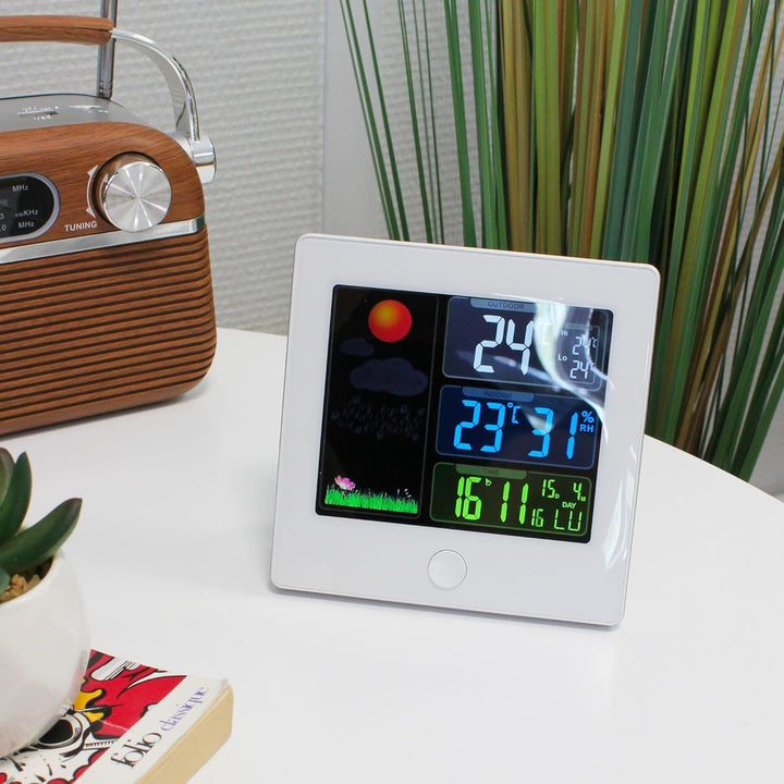 FISHTEC – Color My Day Wetterstation für den Innenbereich – Farb-LCD-Bildschirm – Temperatur, Luftfe