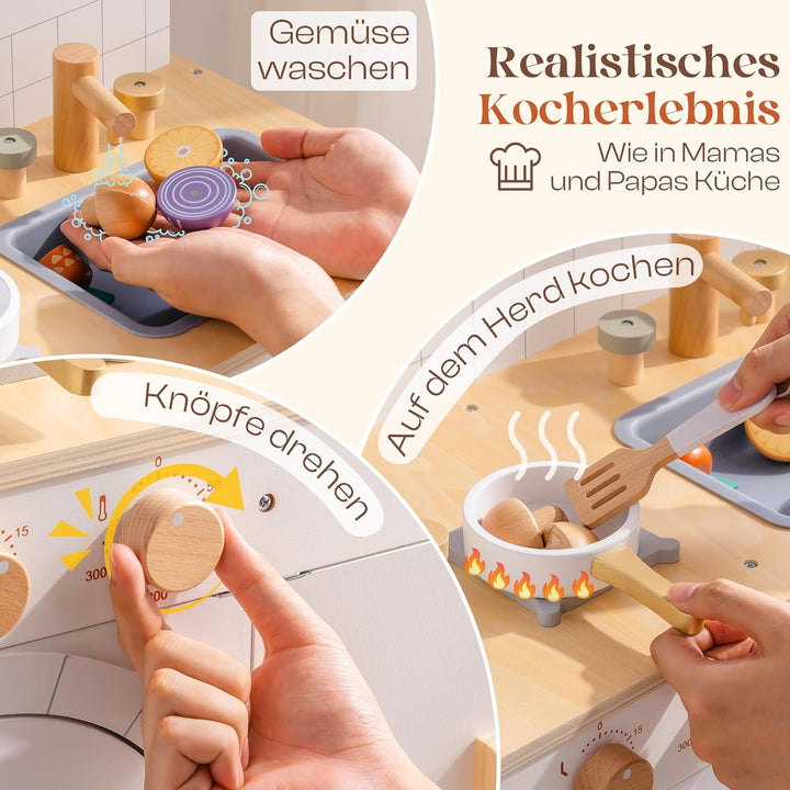 ROBUD Spielküche Holz für Kinder, Pizzaofen Kinderküche mit Kochgeschirr &amp; Pizzaschneider-Zubehör, R