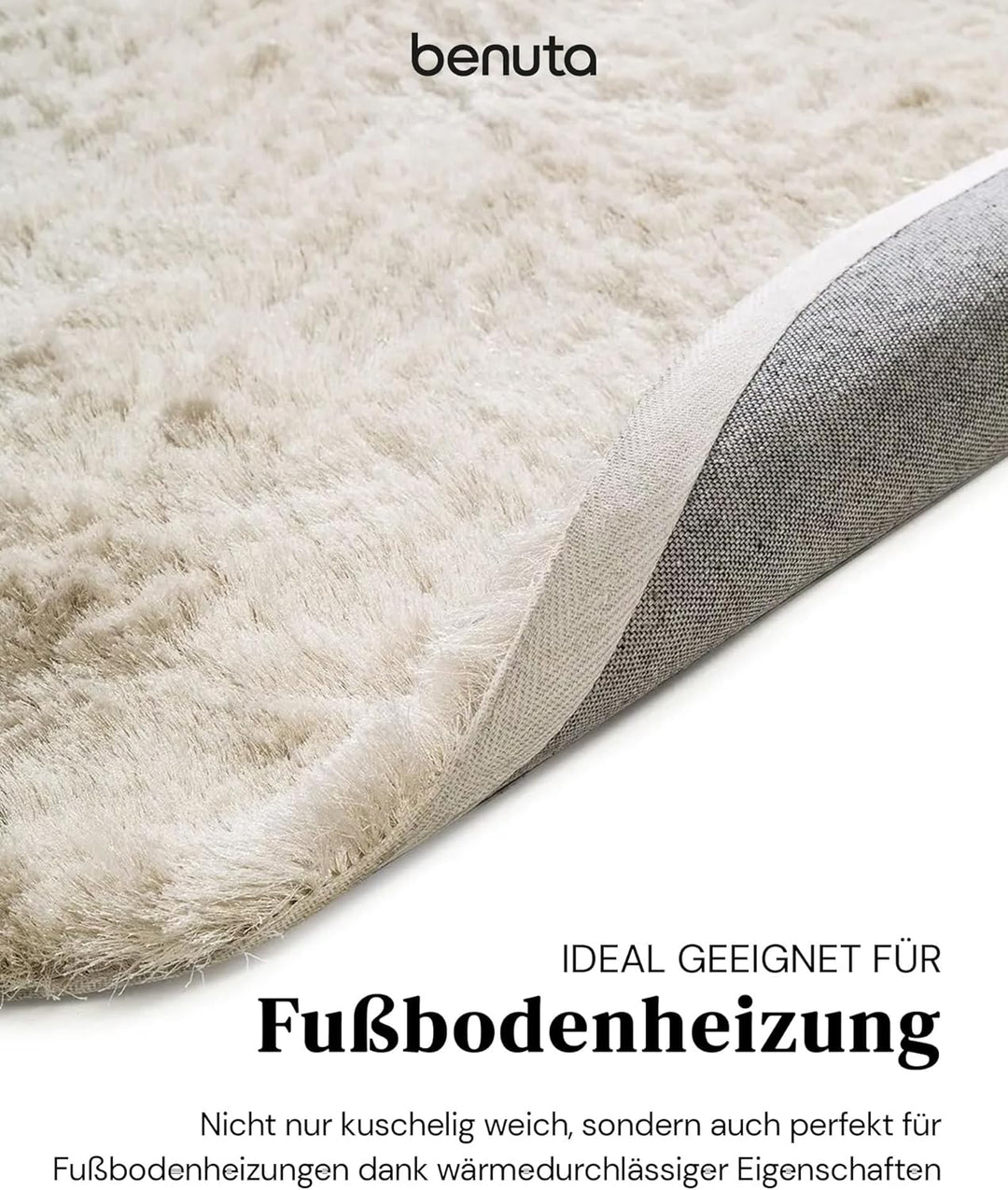 benuta Shaggy Hochflor Teppich Whisper Beige ø 80 cm rund | Langflor Teppich für Schlafzimmer und Wo