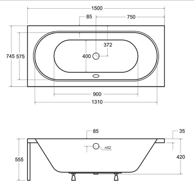 VBChome Badewanne 150x75 cm Acryl SET 3in1 Wannenträger Siphon Wanne Rechteck Weiss Design Modern St