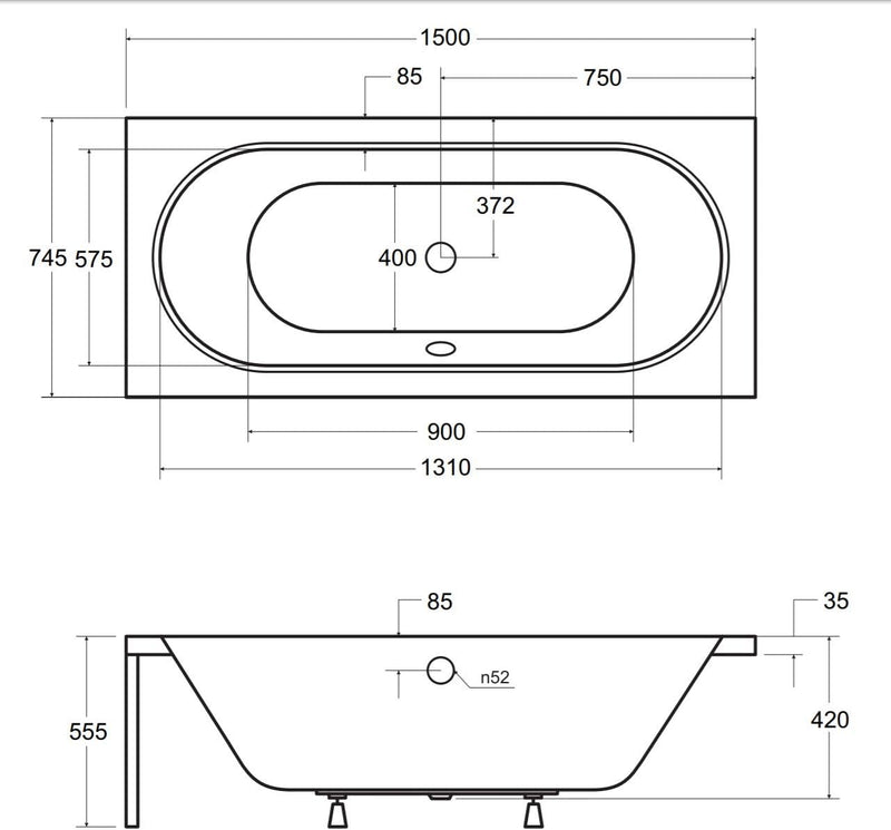 VBChome Badewanne 150x75 cm Acryl SET 3in1 Wannenträger Siphon Wanne Rechteck Weiss Design Modern St