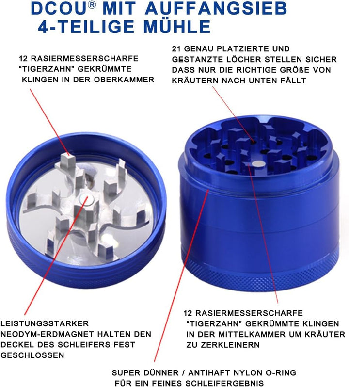 DCOU Handkurbel Premium Mühle unzerbrechlich CNC Aluminium Metall Kräuter Mahler Schleifer, 4 Teile,