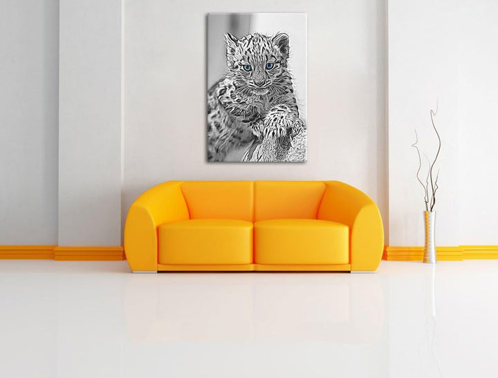 niedliches Leopardenjunges beim Klettern schwarz/weiss Deluxe Format: 100x70 cm auf Leinwand, XXL ri