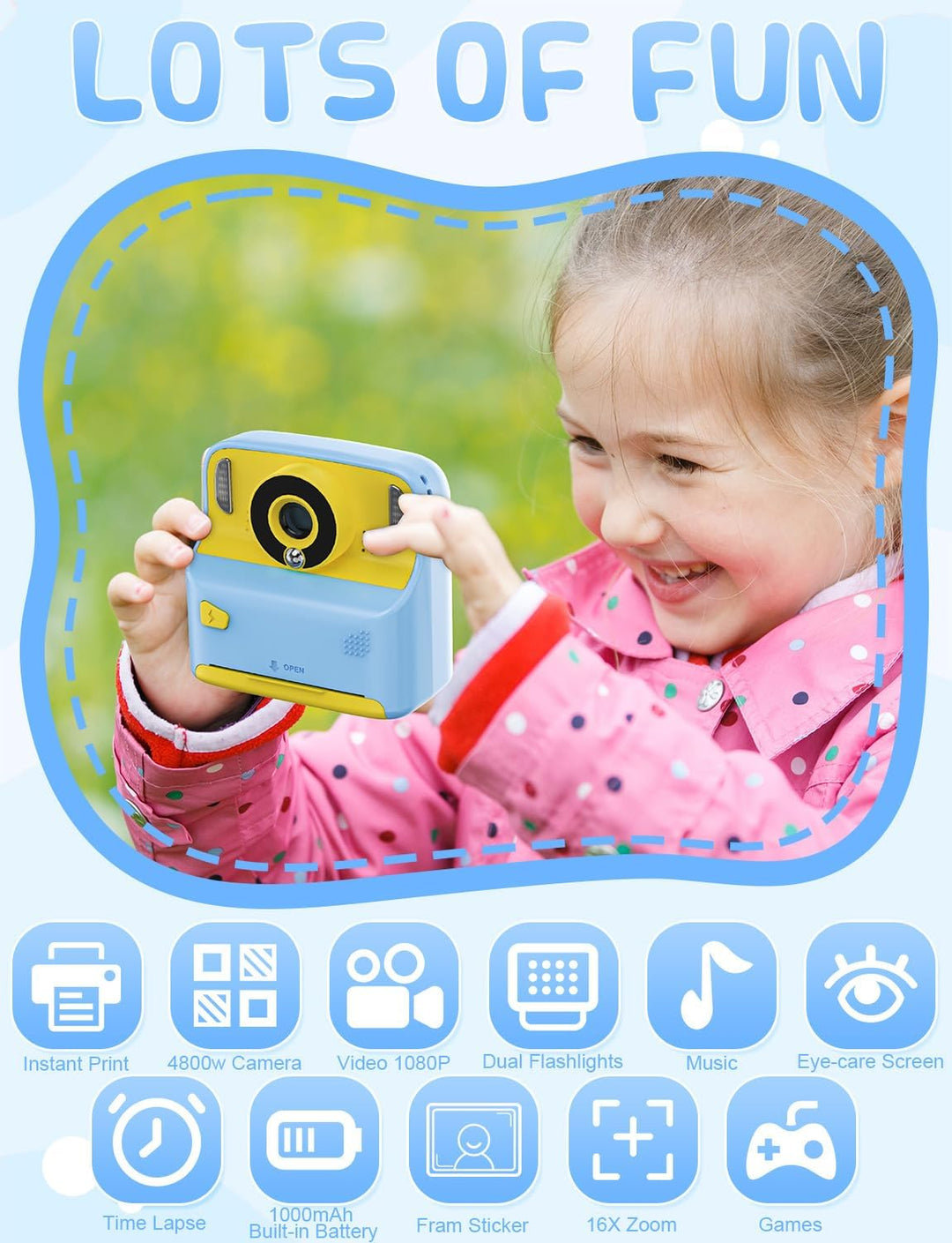 PHNIXGAM Sofortbildkamera Kinder mit 2-Blitzleuchten, Digitalkamera kinderkamera fotoapparat 2.4in H